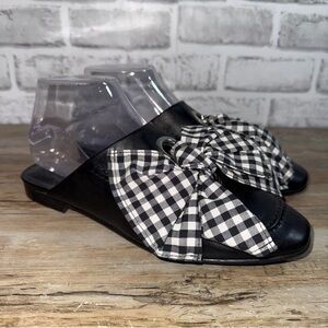 Freda Salvador Black Leather Flats with Black & White Gingham Bow